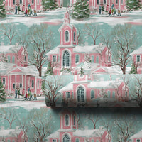 Winter Village Holiday Gift Wrap, Pink Church Christmas Wrapping Paper, Snowy Scenery Christmas Wrapping Paper, Pastel Xmas Gift Wrap