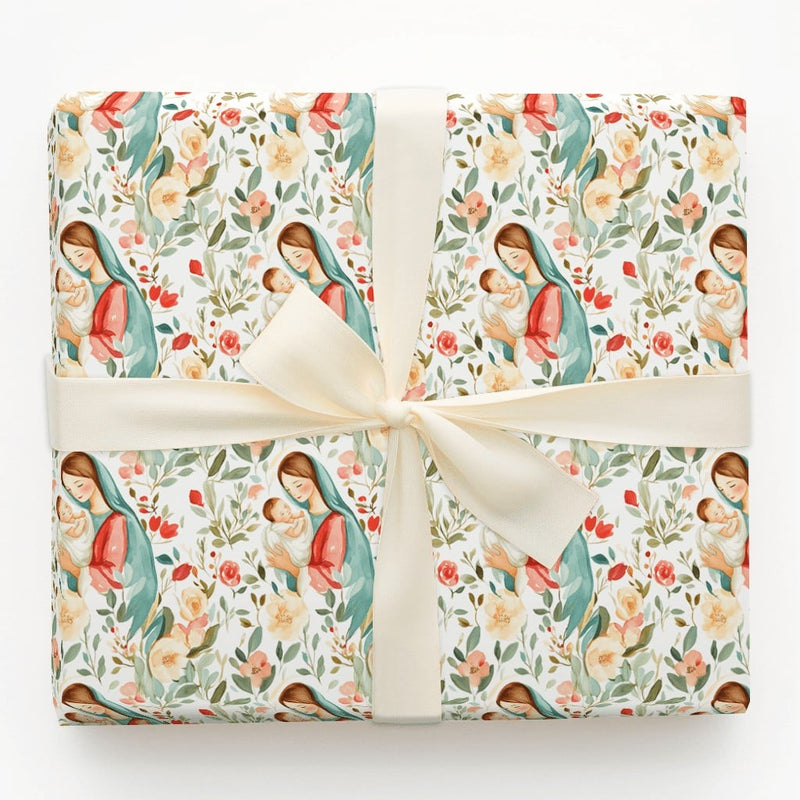 Floral Catholic Holiday Gift Wrap, Virgin Mary and Baby Jesus Wrapping Paper, Religious Baptism Paper, Christian Christmas Present Wrap