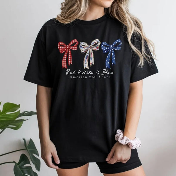 America 250 Years T-Shirt | Patriotic Coquette Bow Design Red White Blue | 100% Soft Breathable Cotton | 4th of July Gift for Women