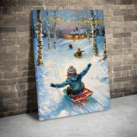 Snowy Birch Forest Canvas Print, Kids Sledding Winter Canvas Wall Art, Nostalgic Holiday Oil Painting Wall Decor, Christmas Cabin Art