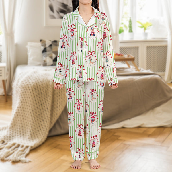 Christmas Nutcracker Pajamas, Nutcracker Satin Pajama Set, Holiday Festive Pajama Set, Silky Button Down Sleepwear, Womens Xm