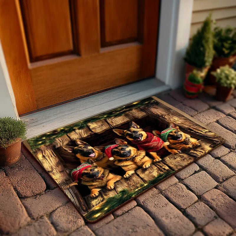 Rustic Wooden Dog Welcome Mat, German Shepherd Christmas Doormat, Festive Dog Family Door Mat, Pet Lover Floor Mat, Winter Entryway Mat