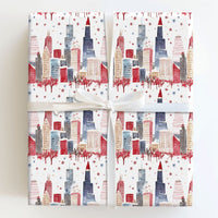 Windy City Christmas Gift Wrap, Chicago Skyline Wrapping Paper, Watercolor Chicago Winter Wrapping Paper, Cityscape Holiday Gift Wrap Roll