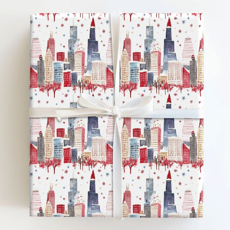 Windy City Christmas Gift Wrap, Chicago Skyline Wrapping Paper, Watercolor Chicago Winter Wrapping Paper, Cityscape Holiday Gift Wrap Roll