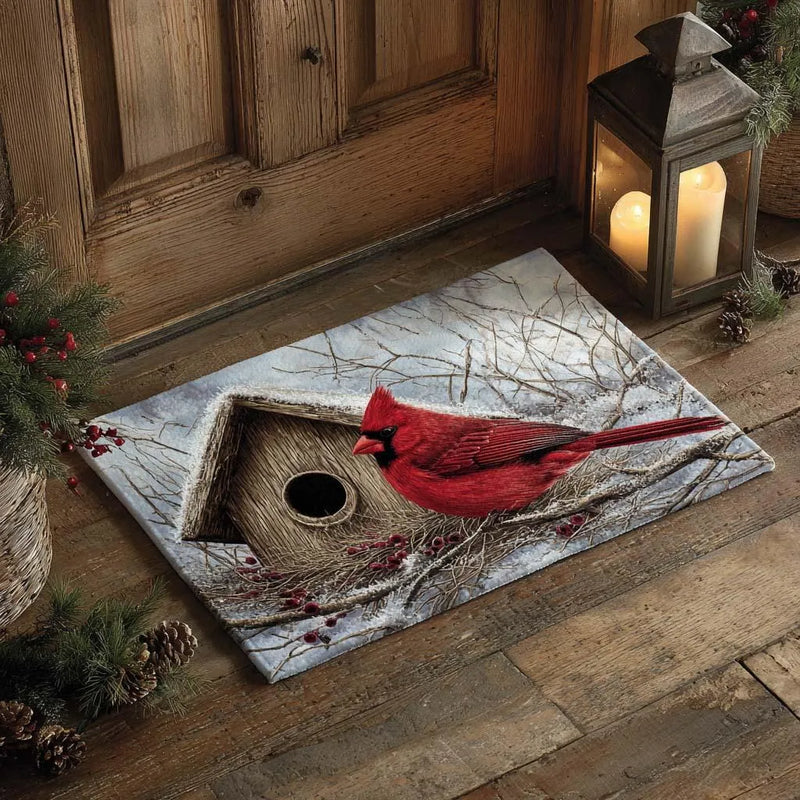 Red Bird Birdhouse Welcome Mat, Winter Cardinal Doormat, Snow Scene Floor Mat, Christmas Entryway Doormat, Holiday Porch Decor Present
