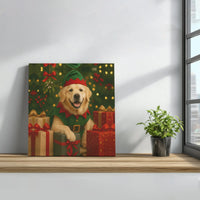 Adorable Dog Elf Costume Canvas Wall Art, Golden Retriever Christmas Canvas Print, Holiday Dog Lover Canvas Art, Winter Pet Decor Present