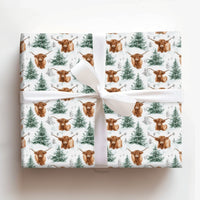 Snowy Pine Christmas Gift Wrap, Highland Cow Wrapping Paper, Scottish Cattle Winter Wrapping Paper, Rustic Farmhouse Holiday Gift Wrap