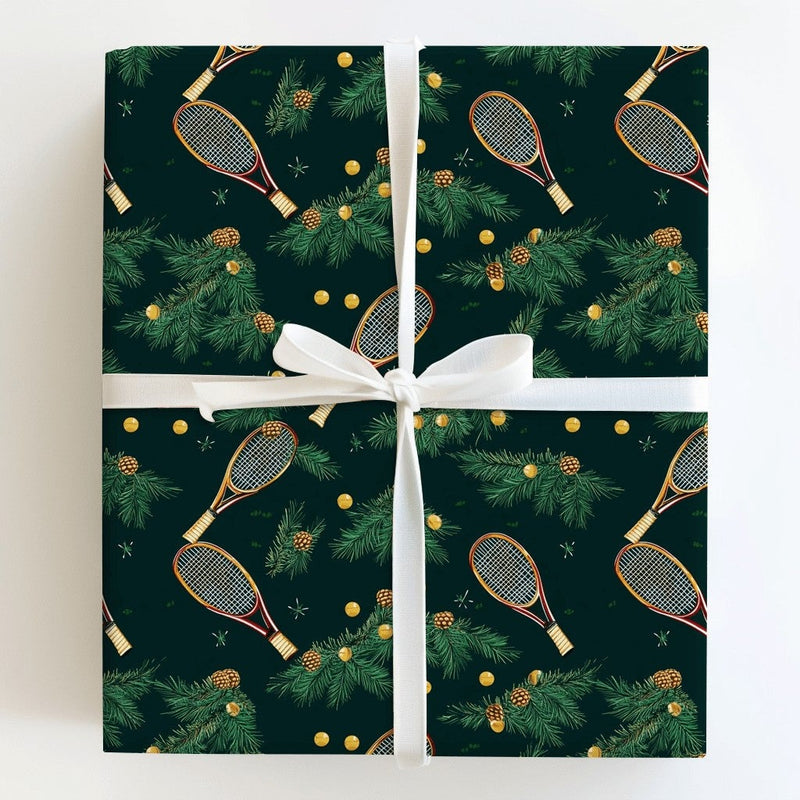 Christmas Pine Tennis Gift Wrap, Vintage Tennis Racquet Wrapping Paper, Sports Holiday Wrapping Paper, Tennis Player Christmas Gift Wrap