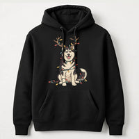 Reindeer Antler Dog Hooded Sweatshirt, Christmas Lights Husky Hoodie, Siberian Husky Pullover, Humorous Holiday Dog Sweater, Dog Mom Present