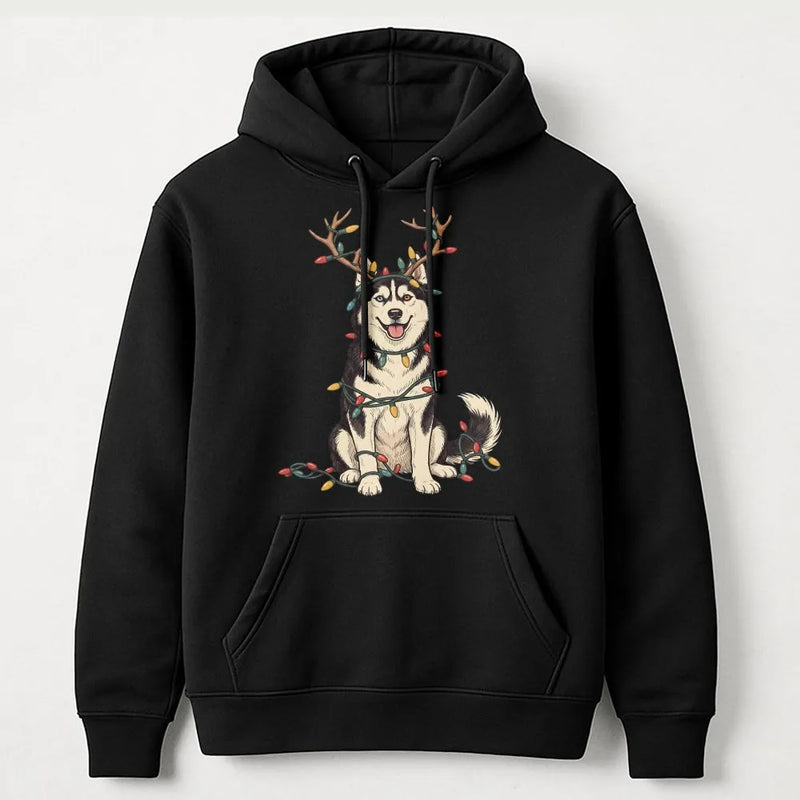Reindeer Antler Dog Hooded Sweatshirt, Christmas Lights Husky Hoodie, Siberian Husky Pullover, Humorous Holiday Dog Sweater, Dog Mom Present