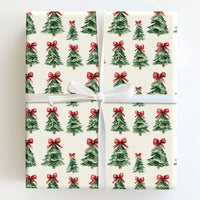 Red Bow Holiday Gift Wrap Roll, Watercolor Christmas Tree Wrapping Paper, Classic Pine Tree Wrapping Paper, Vintage Christmas Gift Wrap