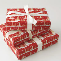 Red Gold Christmas Gift Wrap, Retro Winter Cityscape Wrapping Paper, Holiday City Scene Wrapping Paper, Festive Present Gift Wrap Roll
