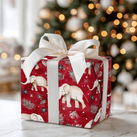 Festive Red Elephant Gift Wrap, Watercolor White Elephant Wrapping Paper, Christmas Elephant Wrapping Paper, Winter Botanical Present Wrap