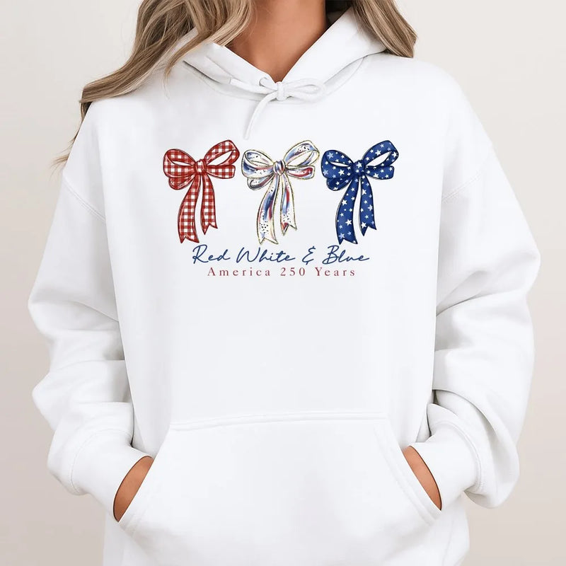 America 250 Years Hoodie | Red White & Blue Patriotic Bows Design | Soft Cotton-Polyester Blend | Gift for Americana Lovers