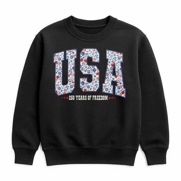 Patriotic USA Sweatshirt | 250 Years of Freedom Floral Design | Cozy Crewneck Pullover | Fourth of July Gift for Women