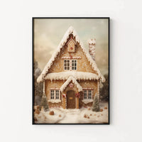 Vintage Winter Holiday Snow Poster, Gingerbread House Christmas Wall Art, Comfy Festive Christmas Cottage Print, Xmas Decor, Digital Download