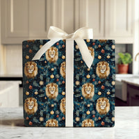Dark Teal Holiday Gift Wrap, Watercolor Lion Christmas Wrapping Paper, Wild Animal Xmas Wrapping Paper, Festive Baubles Christmas Gift Wrap