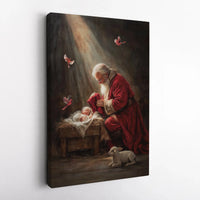 Religious Christmas Nativity Canvas Wall Art, Santa Kneeling at Manger Canvas Print, Holy Night Faith Canvas, Christian Holiday Decor Present