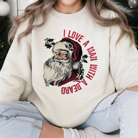 Retro Santa Graphic Crewneck, I Love A Man with A Beard Sweatshirt, Humorous Xmas Pullover, Holiday Humor Jumper, Christmas Present for Her