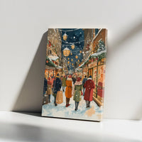 Snowy Night Winter City Wall Art, Christmas Shopping Street Canvas, Festive Holiday Townscape Print, Comfy Christmas Village Art Canvas