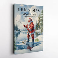 Santa Ice Fishing Winter Scene Wall Art, Christmas at the Lake Canvas Print, Rustic Holiday Cabin Canvas Decor, Festive Christmas Woods Present