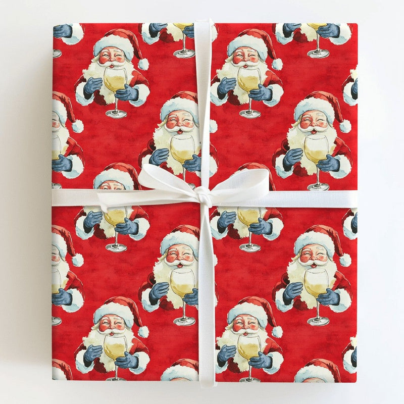 Humorous Red Christmas Gift Wrap, Santa Drinking White Wine Wrapping Paper, Jolly Santa Wine Lover Wrapping Paper, Holiday Party Gift Wrap Roll