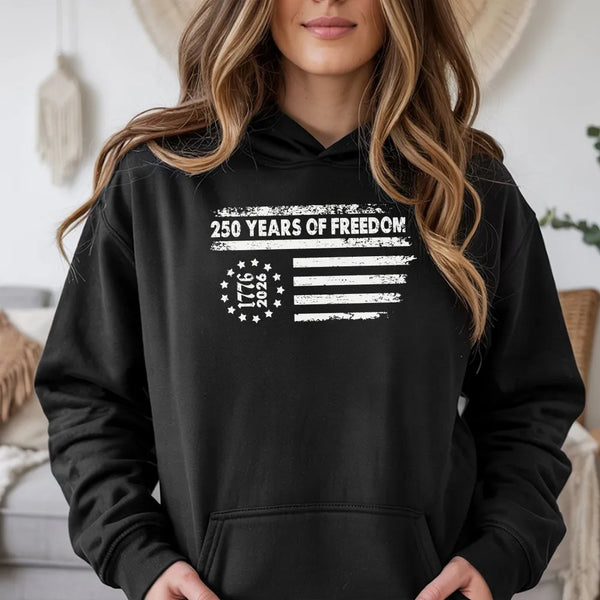 250 Years of Freedom Hoodie | Vintage American Flag 1776-2026 Design | Soft Cotton Blend Sweatshirt | Patriotic 4th of July Gift for Men and Women