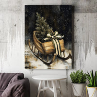 Vintage Wooden Sled Canvas, Rustic Christmas Sleigh Wall Art, Snowy Pine Tree Wall Art, Farmhouse Holiday Wall Art, Digital Download