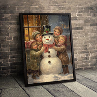 Victorian Snowman Children Canvas Print, Vintage Christmas Wall Art, Nostalgic Winter Holiday Canvas Art, Festive Christmas Home Present