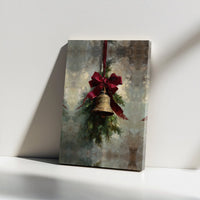 Holiday Bell Art Print, Vintage Christmas Bell Canvas Wall Art, Red Bow Pine Branch Painting, Xmas Holiday Wall Art, Digital Download
