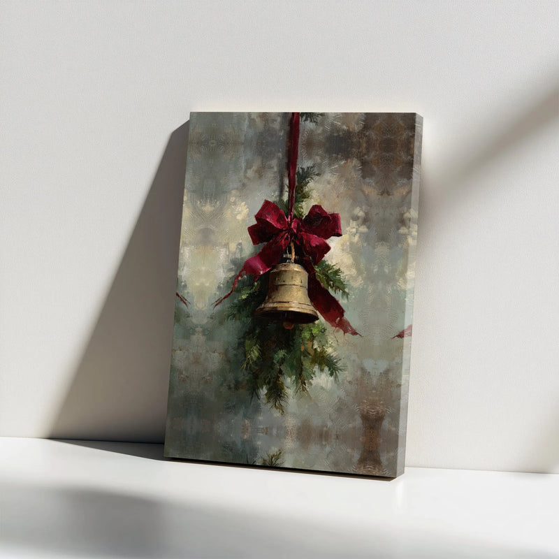 Holiday Bell Art Print, Vintage Christmas Bell Canvas Wall Art, Red Bow Pine Branch Painting, Xmas Holiday Wall Art, Digital Download