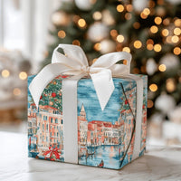 Watercolor Italy Canal Wrapping Paper, Venice Christmas Wrapping Paper, Festive European City Gift Wrap, Holiday Canal Boat Wrapping Paper