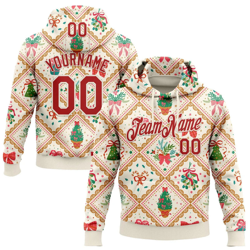Personalized Name Number Holiday Hoodie, Custom Christmas Patchwork Hoodie, 3D Pattern Pullover Hoodie, Festive Sports Fan Sweatshirt Present
