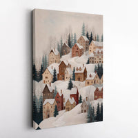Snowy Mountain Town Landscape Canvas Print, Winter Village Canvas Wall Art, Comfy Holiday Wall Decor, Christmas Scenery Painting, Cabin Art
