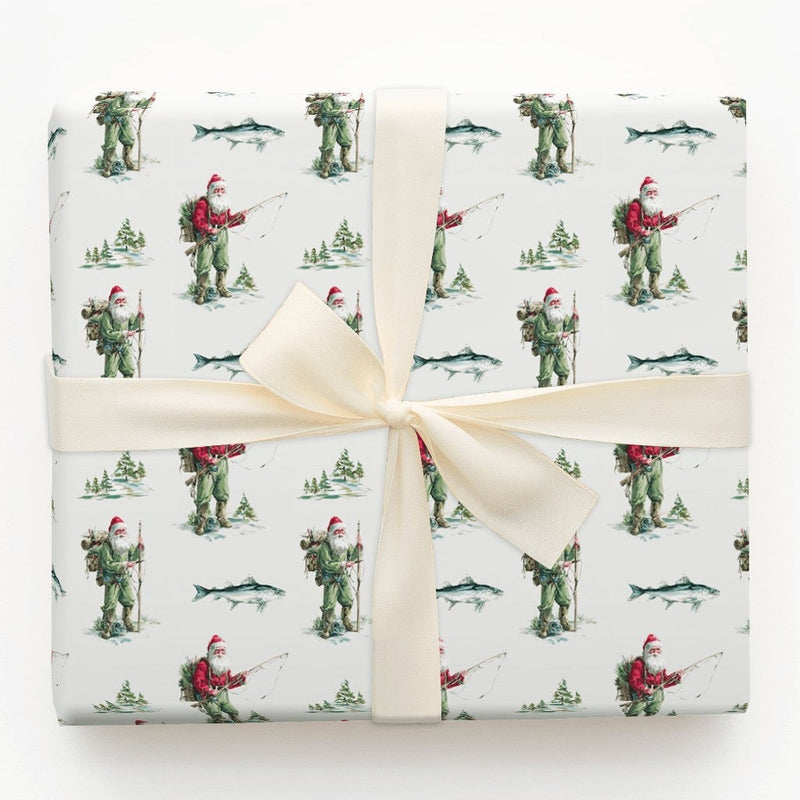 Rustic Outdoorsman Holiday Gift Wrap, Fishing Santa Wrapping Paper, Fisherman Christmas Wrapping Paper, Angler Winter Present Paper Roll