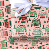 Retro Holiday Knit Gift Wrap, Ugly Christmas Sweater Wrapping Paper, Pink Xmas Tree Present Wrap, Festive Secret Santa Wrapping Paper Roll