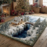 Winter Cabin Snow Scene Rug, Frostwood Forest Haven Area Rug, Rustic Woodland Floor Mat, Christmas Living Room Rug, Holiday Home Decor Present