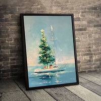 Coastal Christmas Canvas Print, Christmas Tree on Sailboat Canvas Art, Nautical Holiday Wall Decor, Sailor Boat Canvas, Coastal Xmas Present