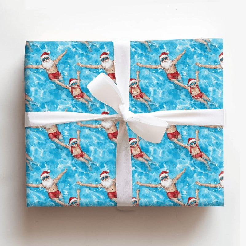 Tropical Vacation Santa Gift Wrap, Swimming Santa Wrapping Paper, Summer Beach Christmas Wrapping Paper, Humorous Holiday Present Paper