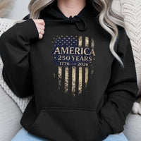 America 250 Years Hoodie | Vintage USA Flag 1776-2026 Patriotic Art | Premium Cotton-Poly Blend | Gift for Americana Collector