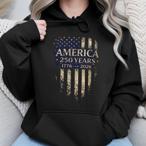 America 250 Years Hoodie | Vintage USA Flag 1776-2026 Patriotic Art | Premium Cotton-Poly Blend | Gift for Americana Collector