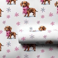 Pink Scarf Dog Holiday Gift Wrap, Dachshund Christmas Wrapping Paper, Watercolor Wiener Dog Wrapping Paper, Winter Pet Gift Wrap Roll
