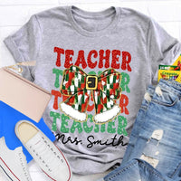 Custom Name Holiday Educator Graphic Tee, Personalized Teacher Christmas Bow Shirt, Adorable Winter Classroom T-Shirt, Teacher Xmas Present Idea