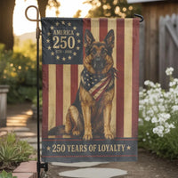 Patriotic German Shepherd Garden Flag | America 250 Years of Loyalty US Flag | Double-Sided Weather-Resistant Polyester | Vintage Military Dog Yard Decor Gift