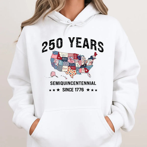 250 Years Semiquincentennial Hoodie | Vintage USA State Patchwork Map Design | Soft Cotton-Polyester Blend | Patriotic Gift for History Lovers