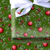 Red Ornaments Gift Wrap, Vintage Christmas Wrapping Paper, Dark Green Holiday Wrapping Paper, Botanical Winter Xmas Gift Wrapping Paper Roll