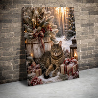 Snowy Winter Cat Wall Art, Christmas Tabby Cat Canvas, Holiday Kitten Lantern Canvas Print, Festive Cat Lover Wall Decor, Comfy Seasonal Present