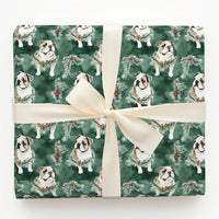 Festive Green Dog Christmas Gift Wrap, English Bulldog Pine Wreath Wrapping Paper, Watercolor Bulldog Holiday Wrapping Paper, Pet Lover Wrap