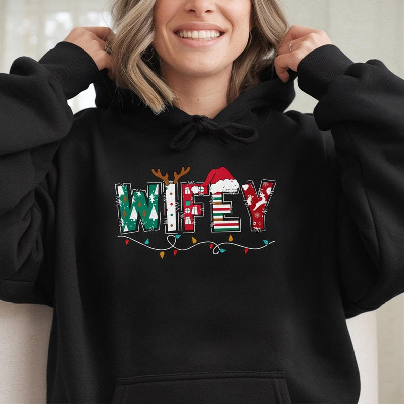 Festive Holiday Lights Sweatshirt, Wifey Christmas Hoodie, Adorable Matching Couple Christmas Hooded Pullover, Xmas Present for Wife