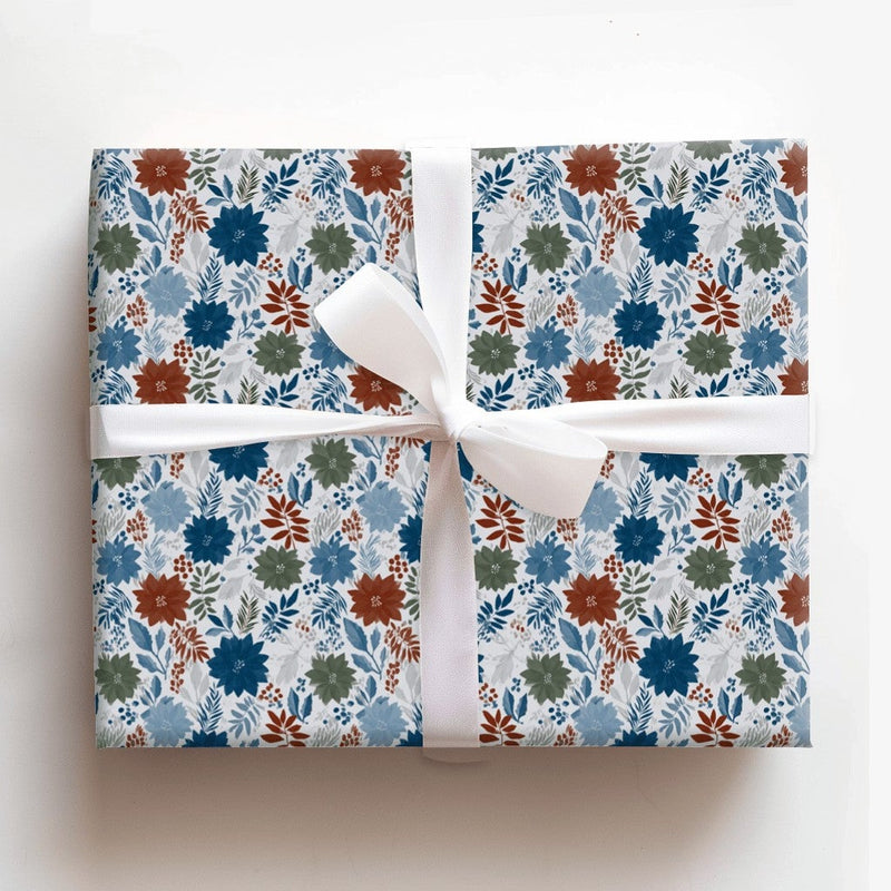 Festive Botanical Holiday Gift Wrap, Winter Poinsettia Christmas Wrapping Paper, Blue Floral Wrapping Paper, Holiday Wrapping Paper Roll